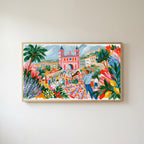 Mediterranean summer dance Frame TV art in an oak frame on a warm white wall