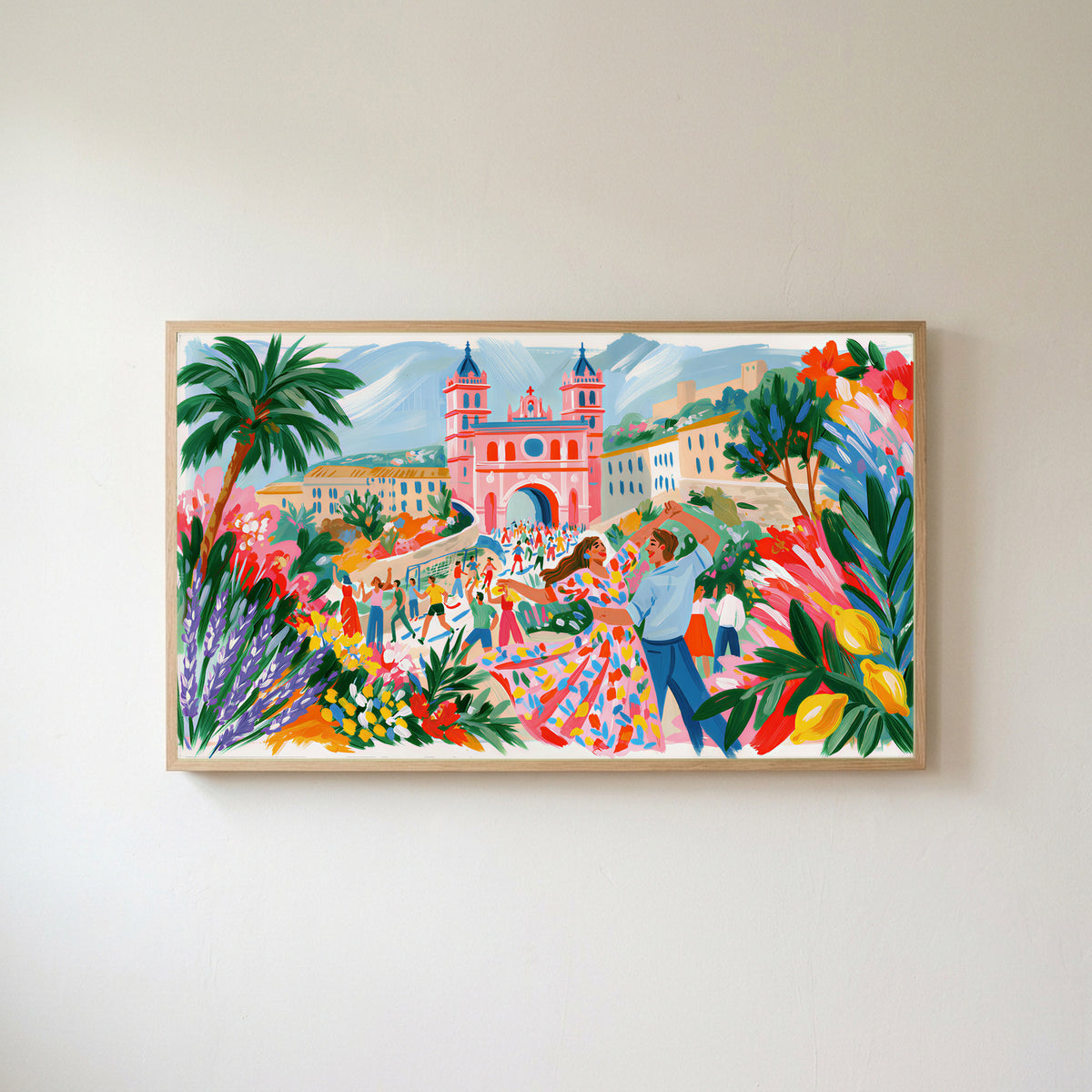 Mediterranean summer dance Frame TV art in an oak frame on a warm white wall
