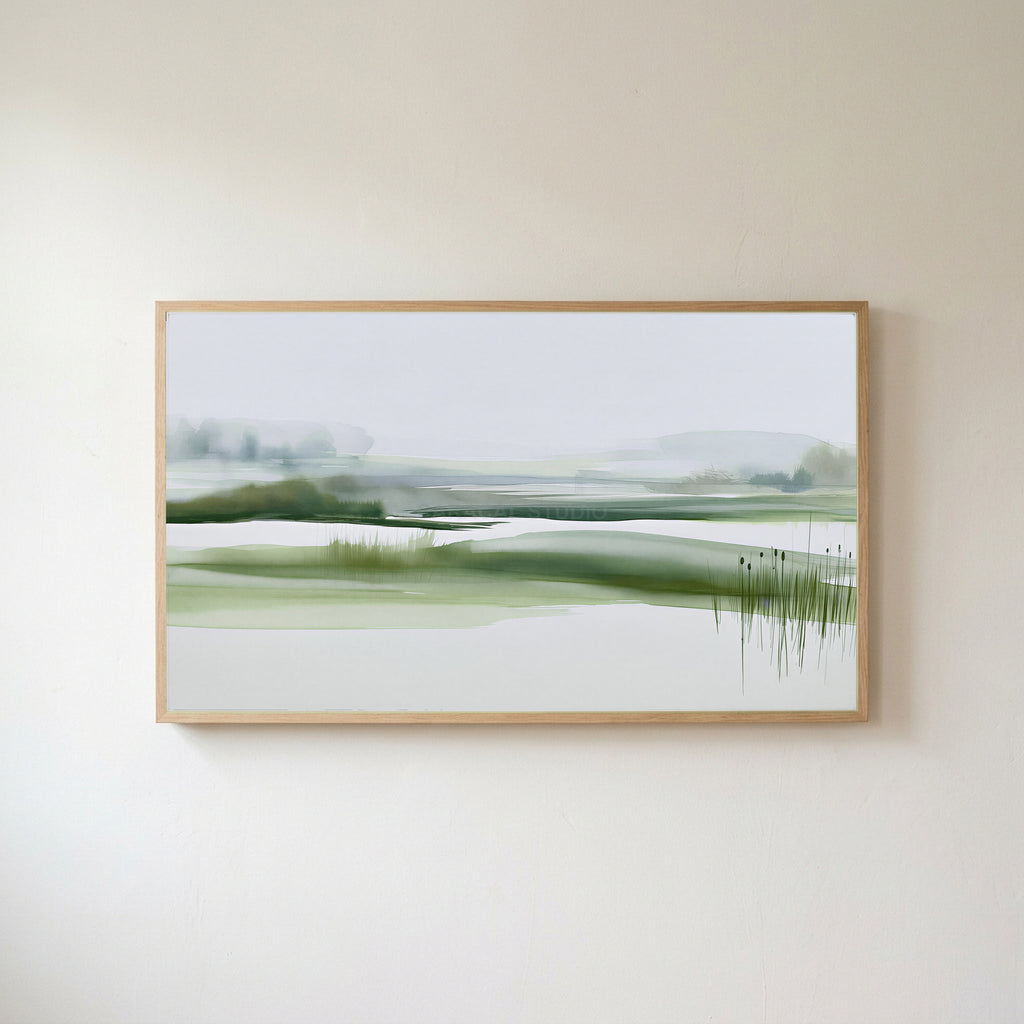 Misty wetland Frame TV art in an oak frame on a warm white wall