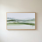 Misty wetland Frame TV art in an oak frame on a warm white wall