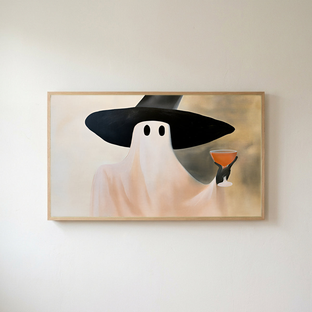 Ghost witch with a cocktail Frame TV art in an oak frame on a warm white wall