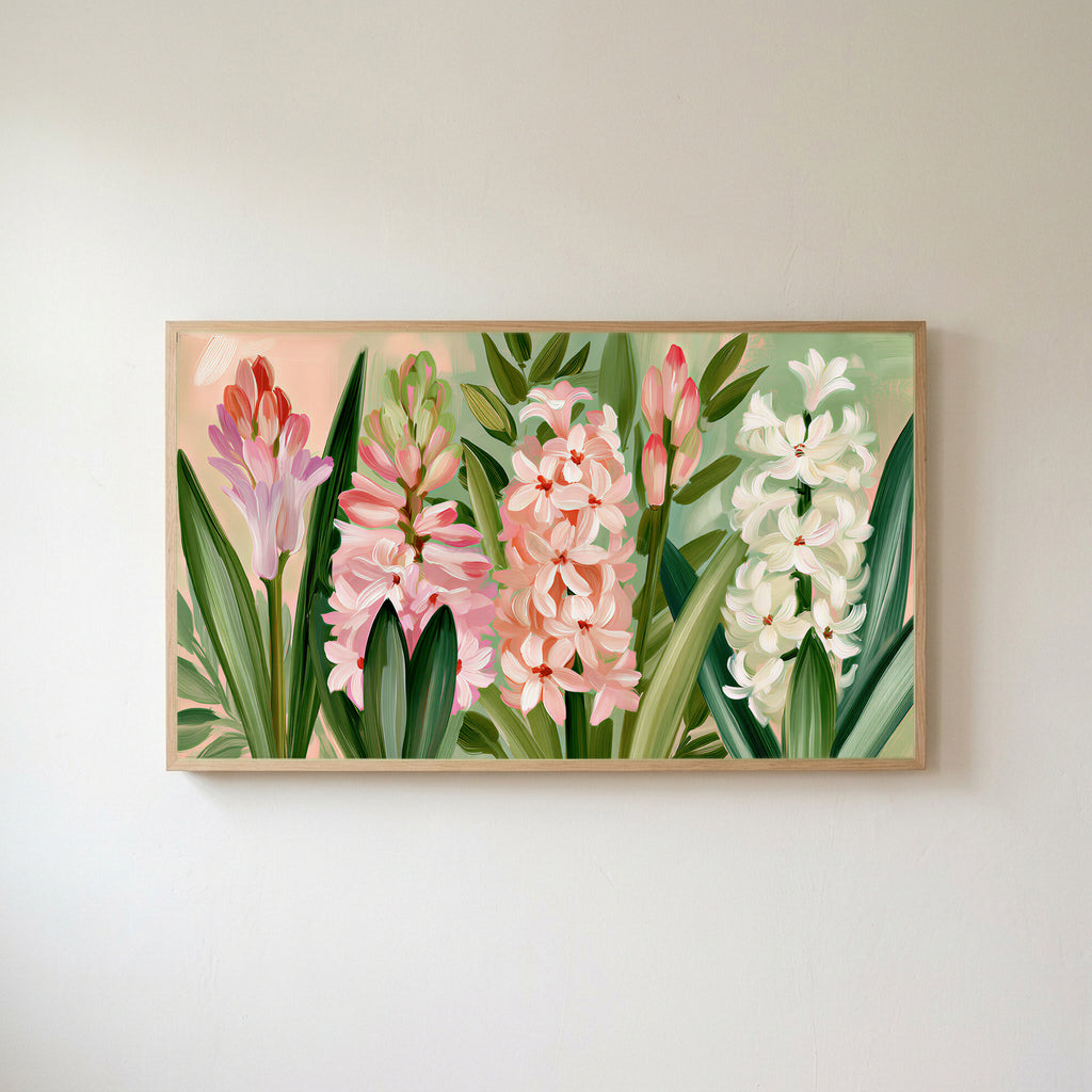 Spring hyacinths Frame TV art in an oak frame on a warm white wall