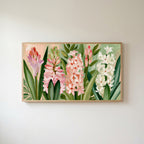 Spring hyacinths Frame TV art in an oak frame on a warm white wall
