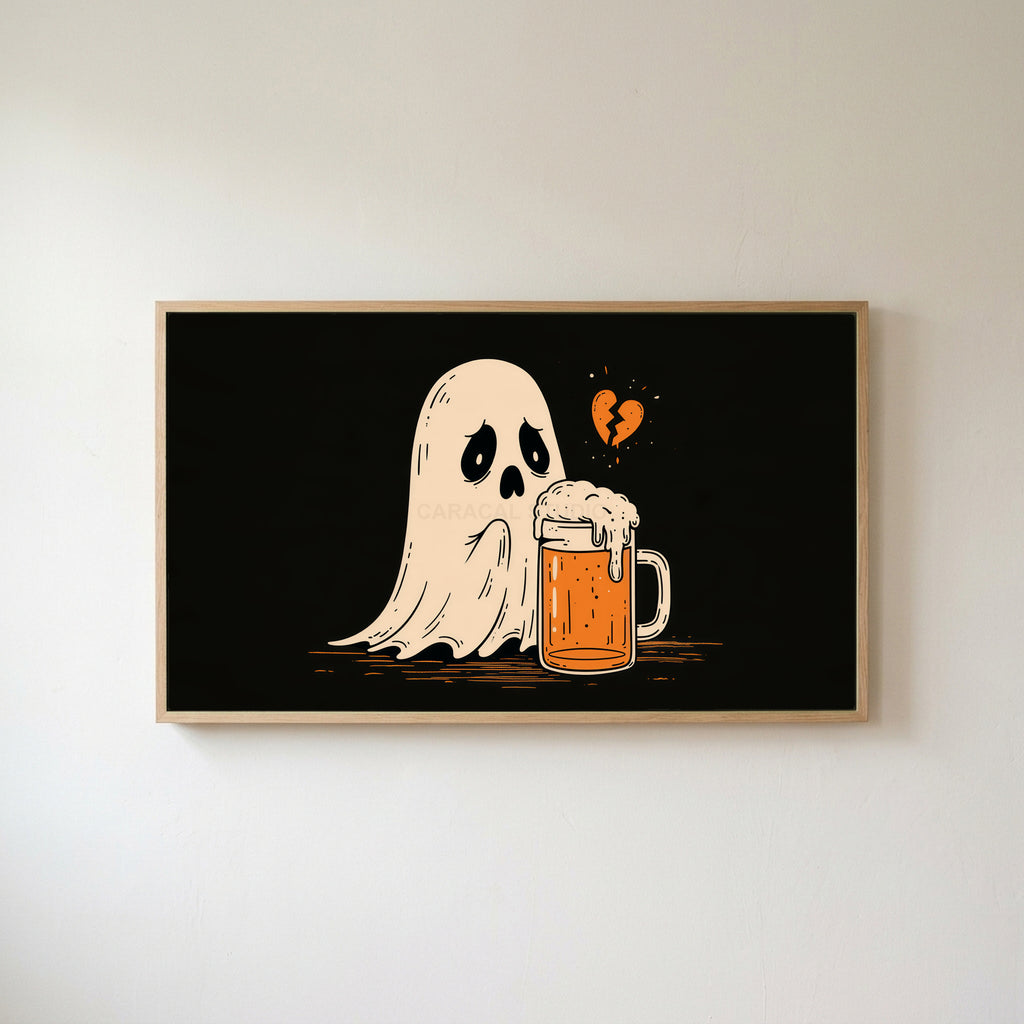 Sad ghost and beer Frame TV art in an oak frame on a warm white wall