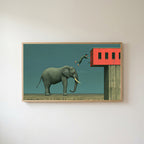 Elephant and leaping man Frame TV art in an oak frame on a warm white wall