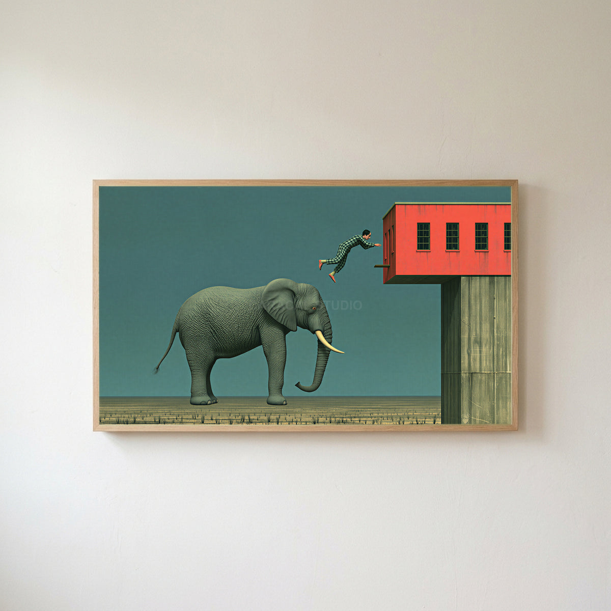 Elephant and leaping man Frame TV art in an oak frame on a warm white wall