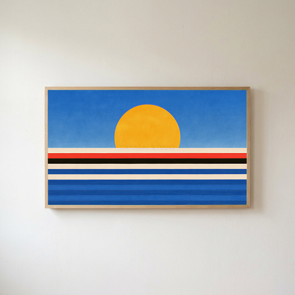Retro sunset over the sea Frame TV art in an oak frame on a warm white wall