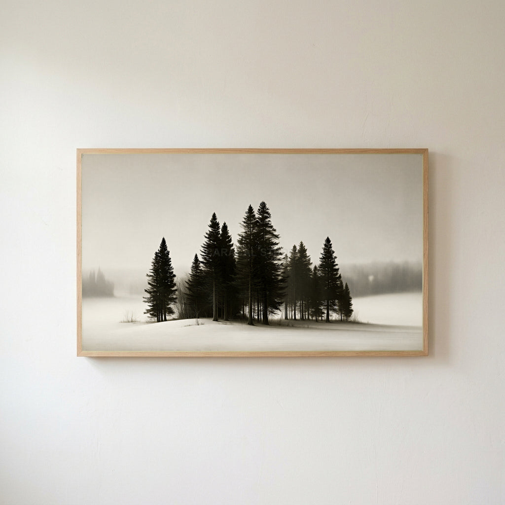 Snowy pine trees Frame TV art in an oak frame on a warm white wall