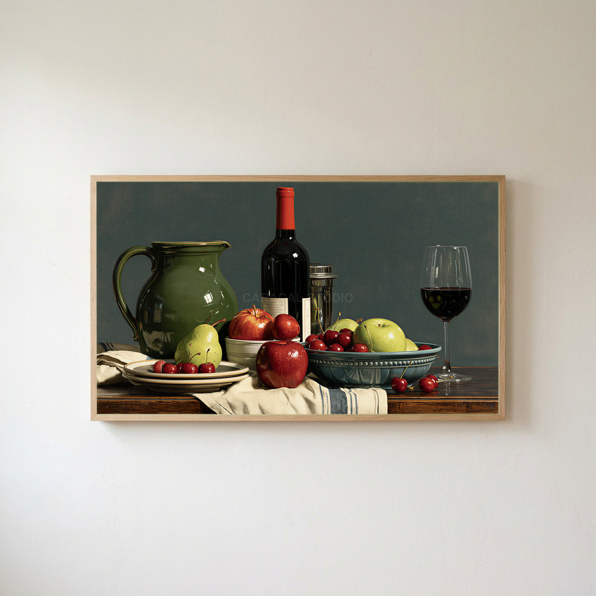 Wine and fruit still life Frame TV art in an oak frame on a warm white wall