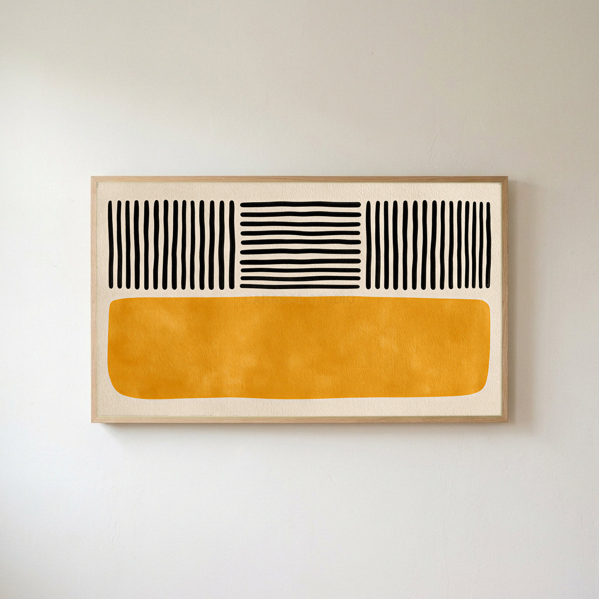 Abstract lines and color block Frame TV art in an oak frame on a warm white wall