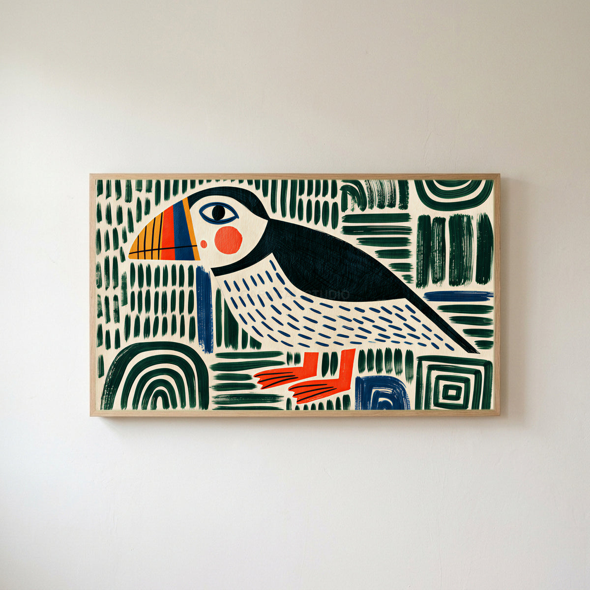 Folk art puffin Frame TV art in an oak frame on a warm white wall