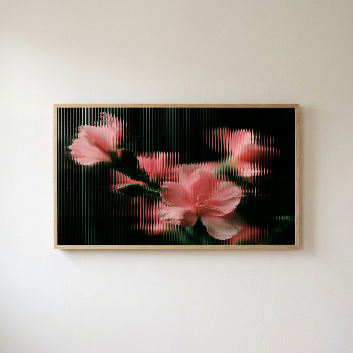 Ribbed glass flowers Frame TV art in an oak frame on a warm white wall