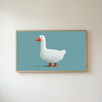 White duck Frame TV art in an oak frame on a warm white wall