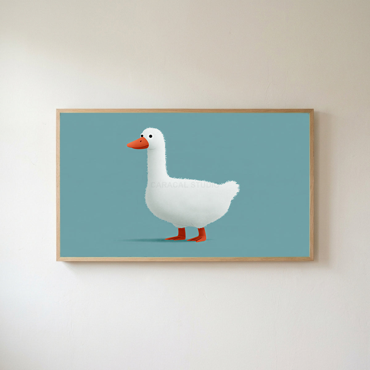 White duck Frame TV art in an oak frame on a warm white wall
