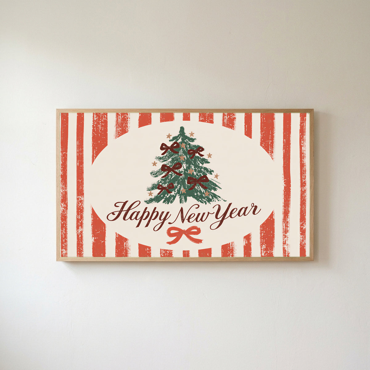 Happy New Year Frame TV art in an oak frame on a warm white wall