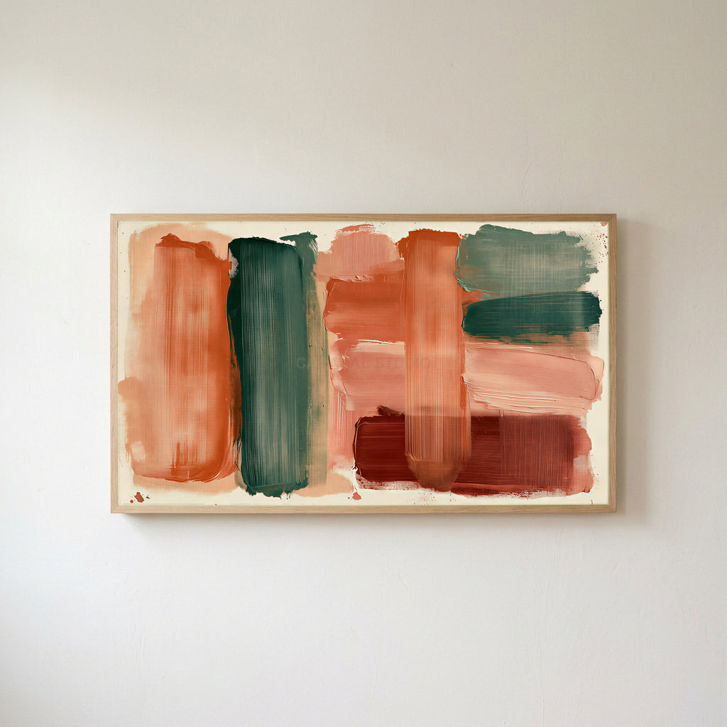 Boho brushstroke Frame TV art in an oak frame on a warm white wall