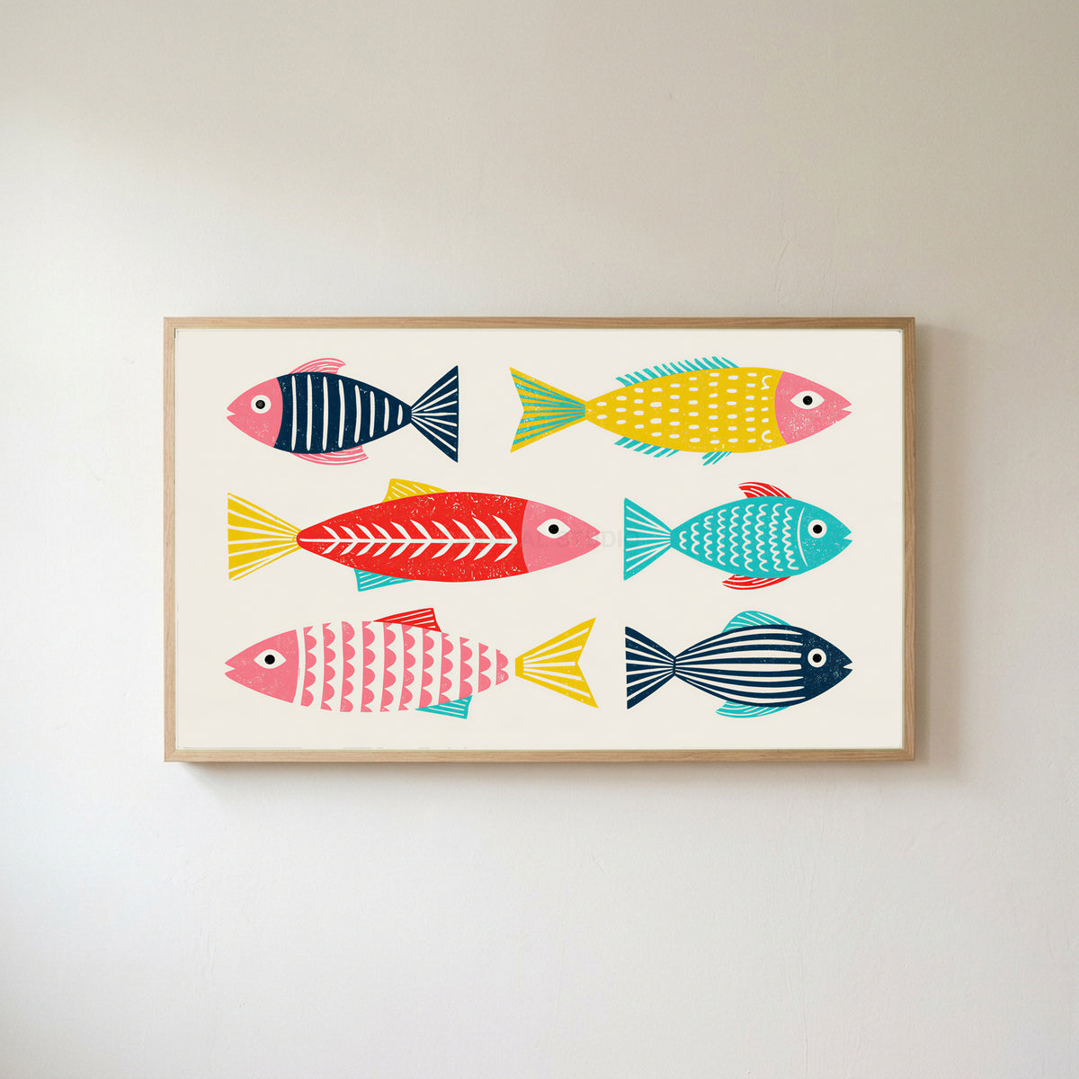 Linocut fish Frame TV art in an oak frame on a warm white wall