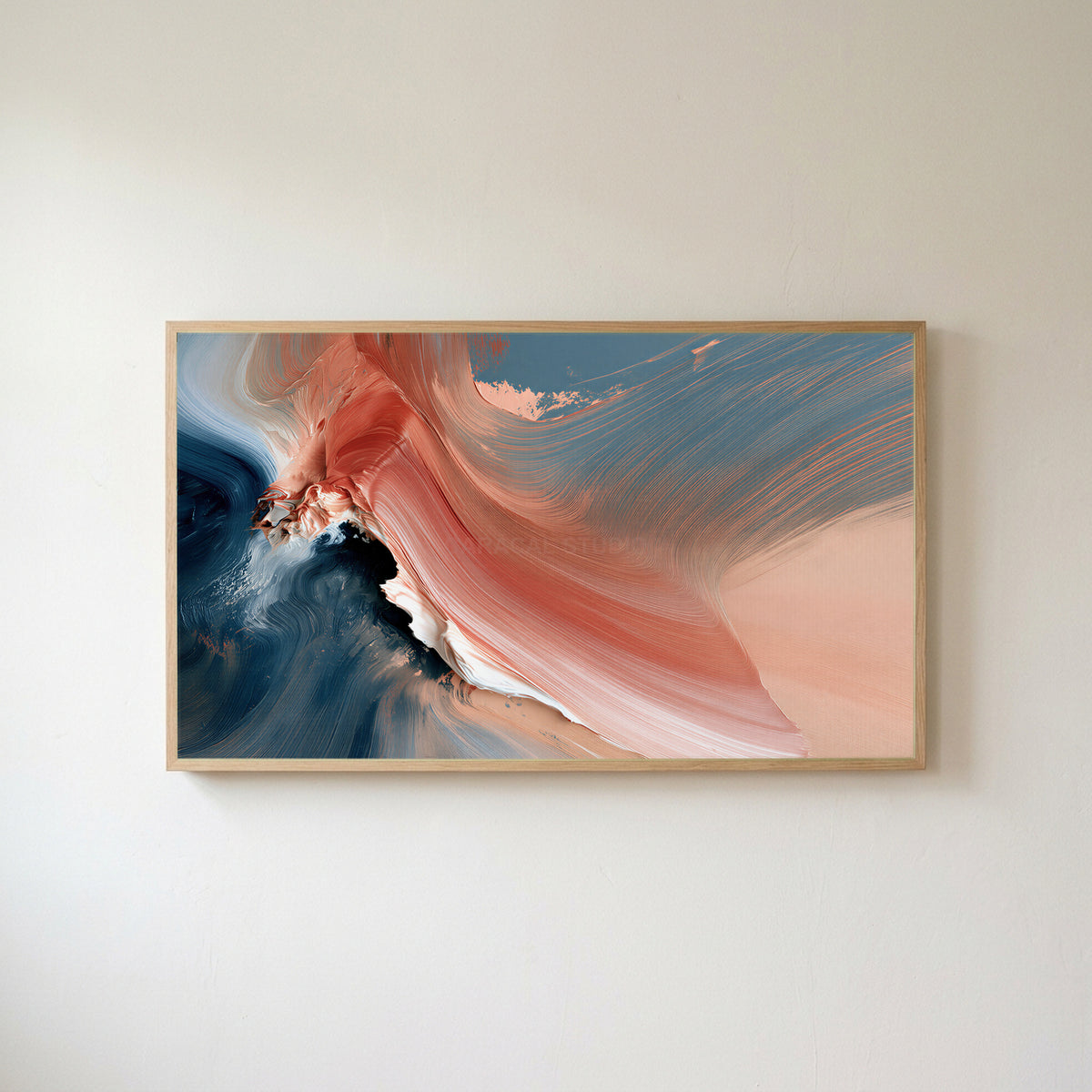 Coral and navy abstract Frame TV art in an oak frame on a warm white wall