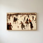 Ice skating Frame TV art in an oak frame on a warm white wall