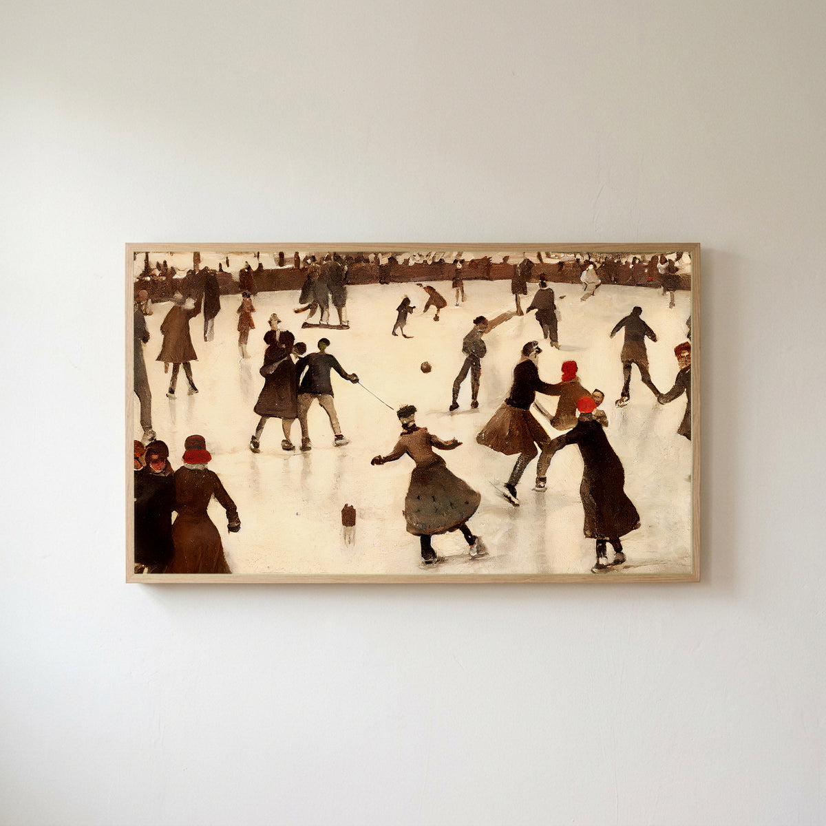 Ice skating Frame TV art in an oak frame on a warm white wall