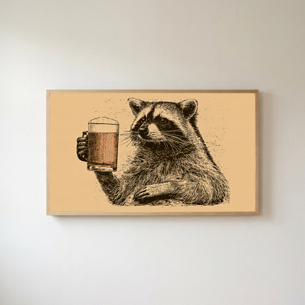 Beer raccoon Frame TV art in an oak frame on a warm white wall