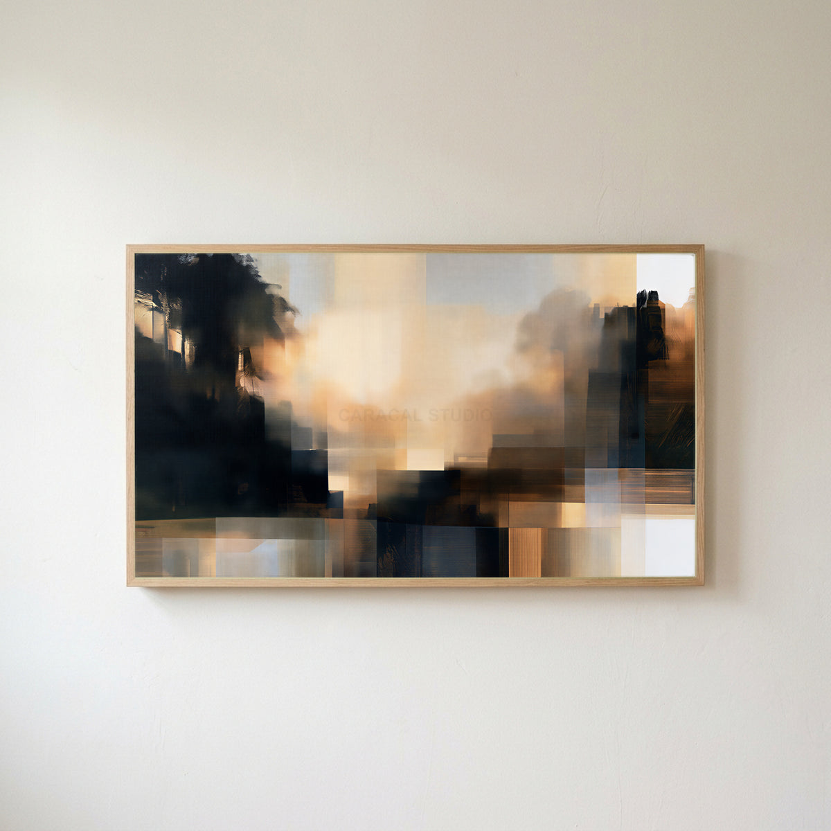 Moody abstract glow Frame TV art in an oak frame on a warm white wall