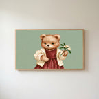 Teddy bear Frame TV art in an oak frame on a warm white wall