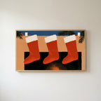 Stockings on the mantel Frame TV art in an oak frame on a warm white wall