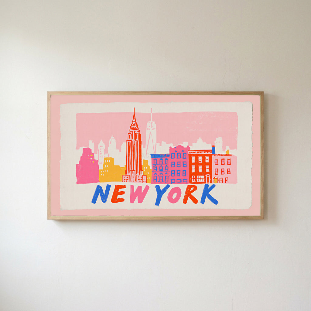 New York skyline Frame TV art in an oak frame on a warm white wall
