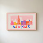 New York skyline Frame TV art in an oak frame on a warm white wall
