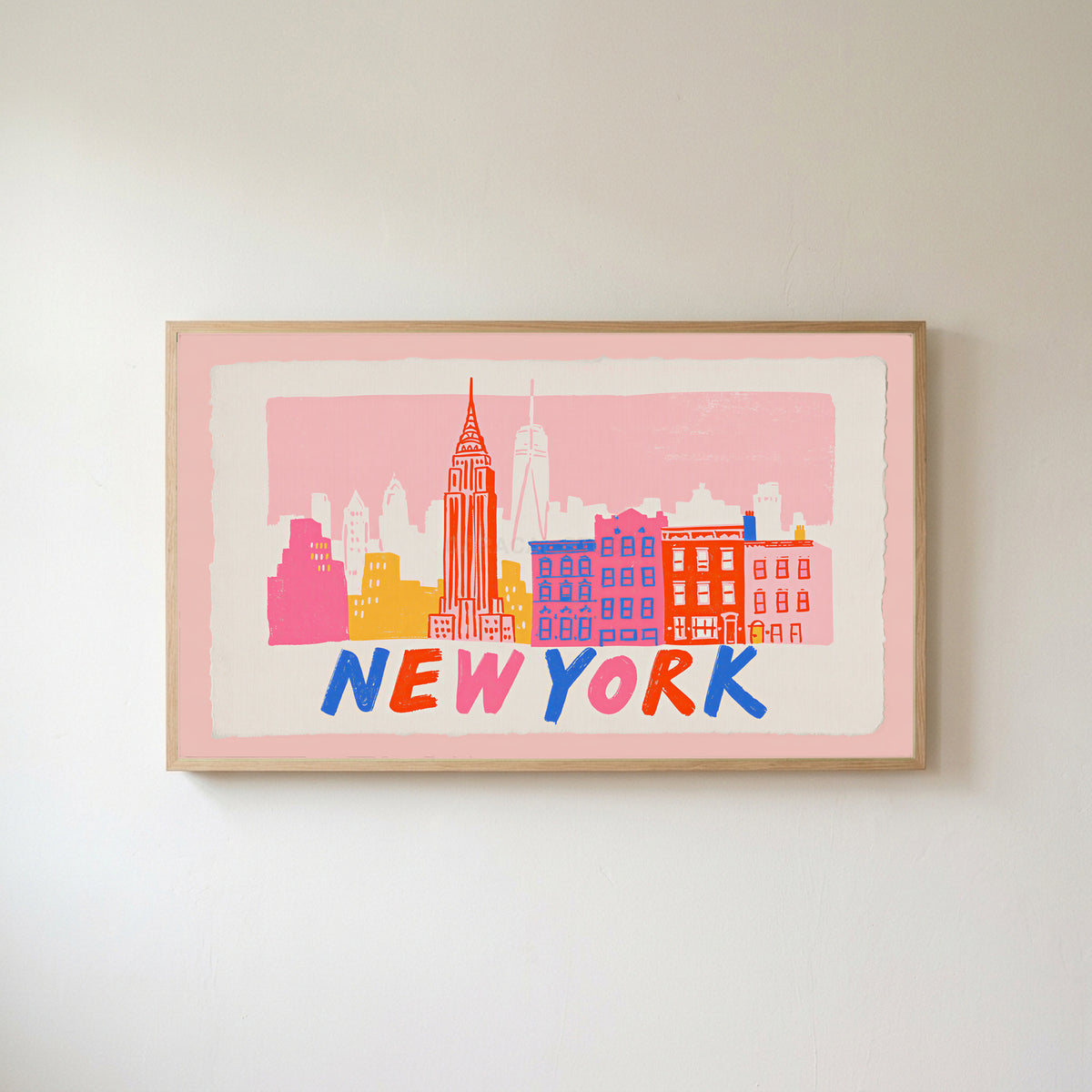 New York skyline Frame TV art in an oak frame on a warm white wall