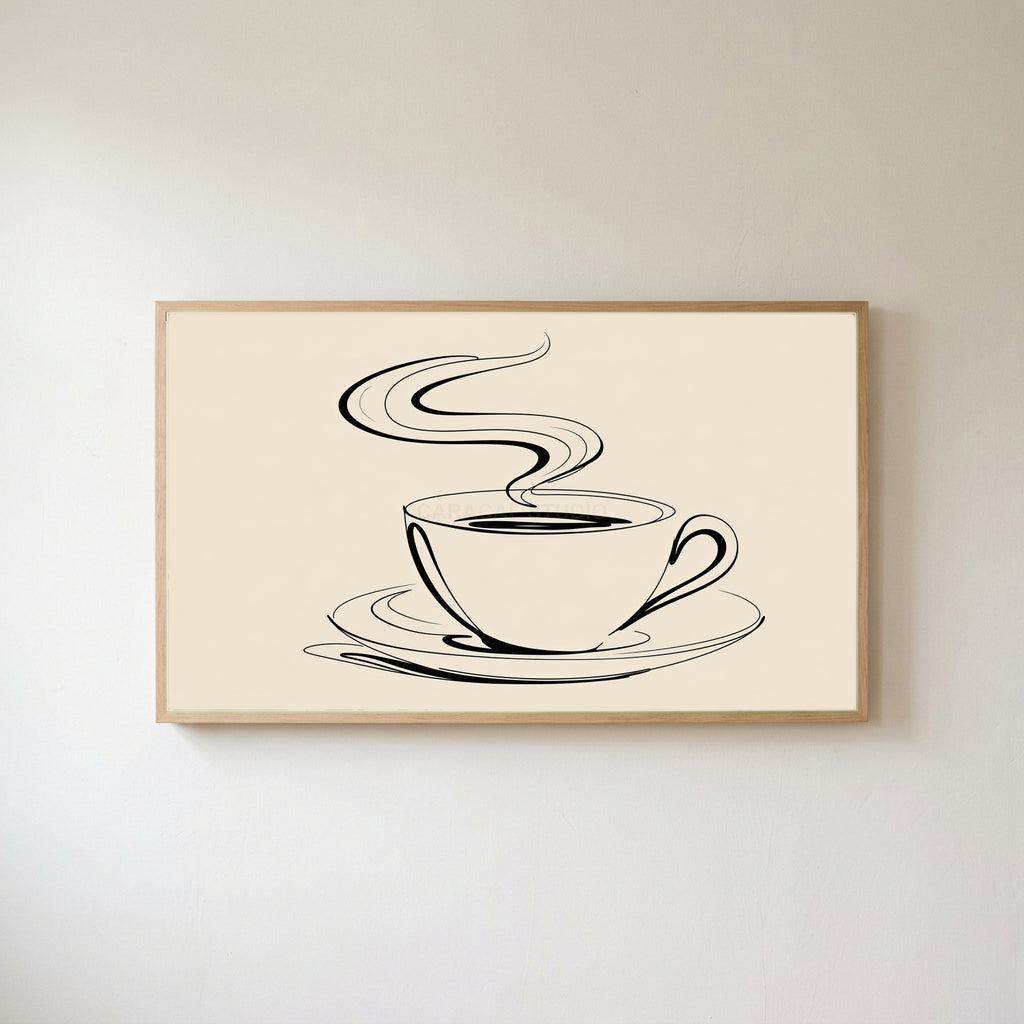 Coffee cup line art Frame TV art in an oak frame on a warm white wall