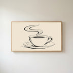 Coffee cup line art Frame TV art in an oak frame on a warm white wall