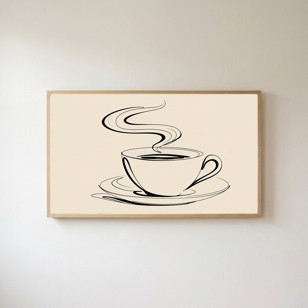 Coffee cup line art Frame TV art in an oak frame on a warm white wall