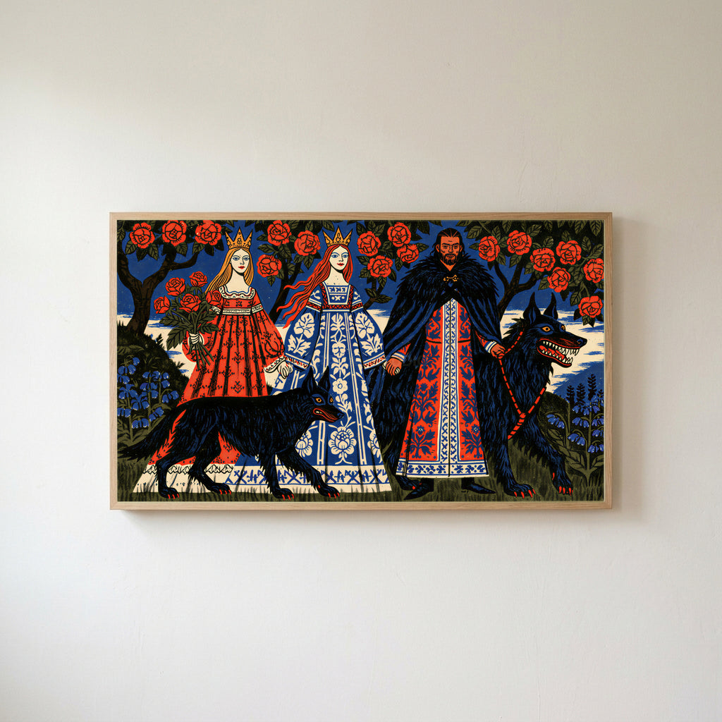 Folk fairy tale wolves Frame TV art in an oak frame on a warm white wall
