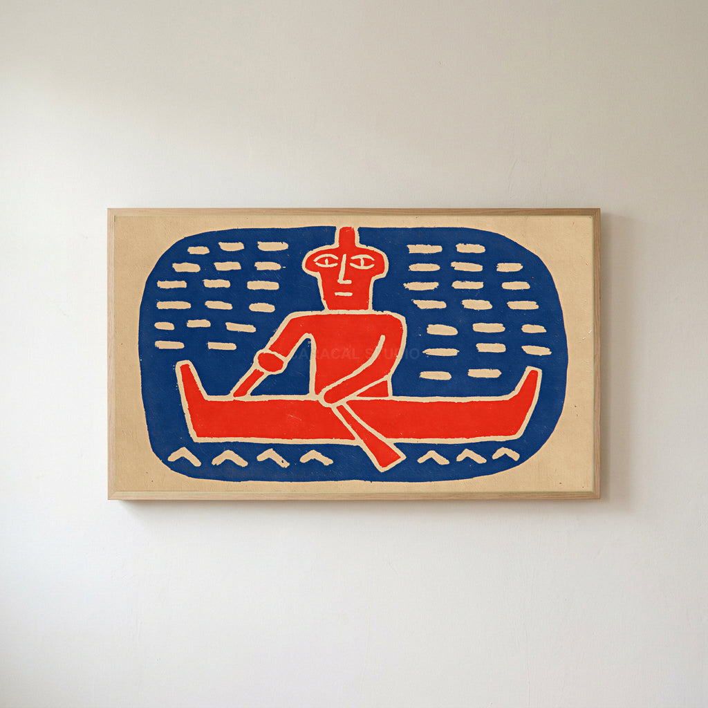 Folk art canoe paddler Frame TV art in an oak frame on a warm white wall