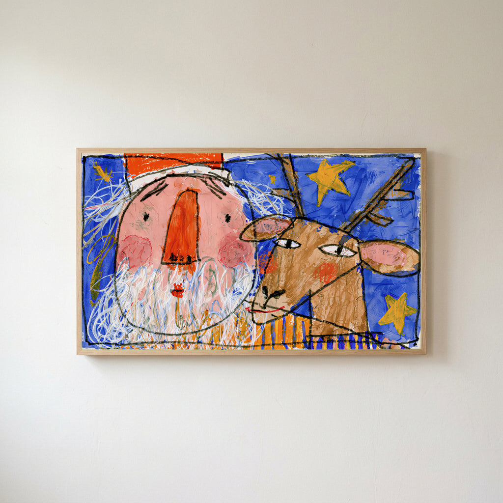 Crayon Santa and reindeer Frame TV art in an oak frame on a warm white wall
