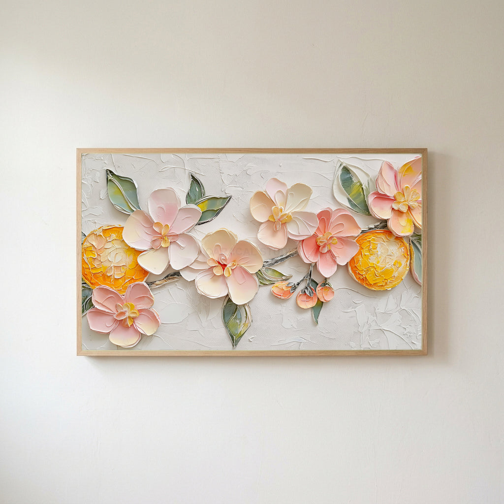 Blossom and orange Frame TV art in an oak frame on a warm white wall