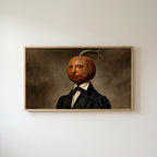 Pumpkin head portrait Frame TV art in an oak frame on a warm white wall