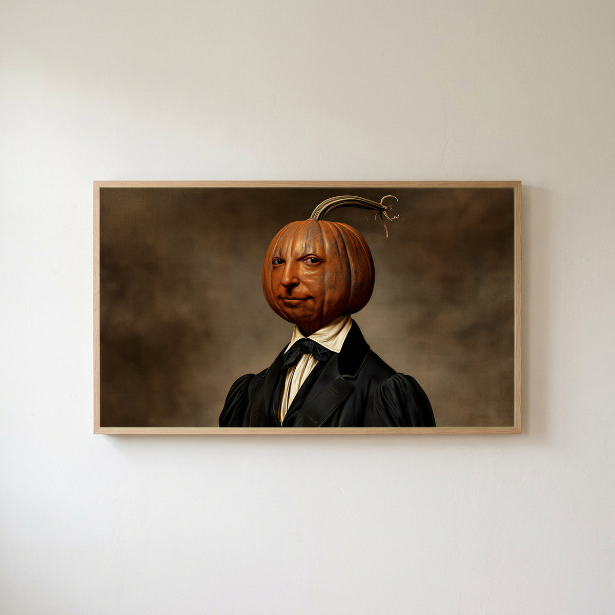 Pumpkin head portrait Frame TV art in an oak frame on a warm white wall