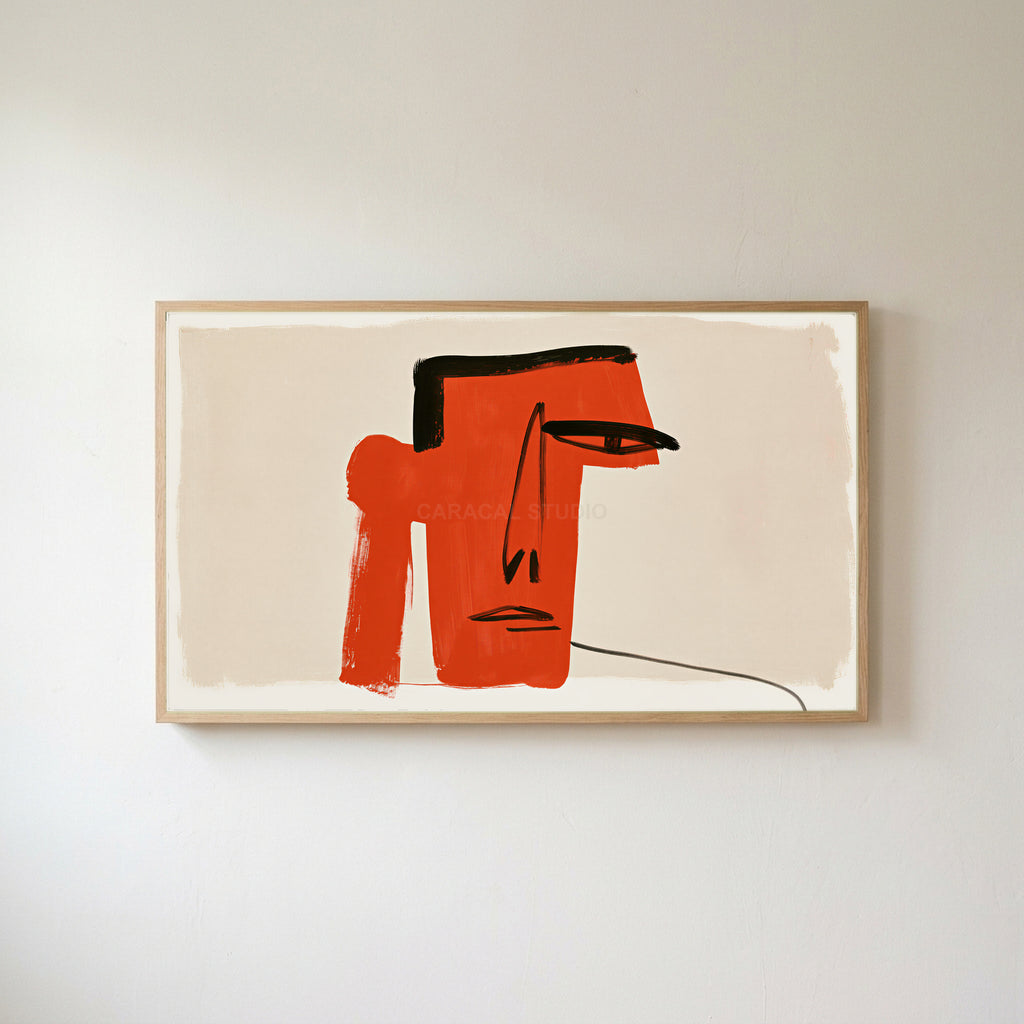 Red block face Frame TV art in an oak frame on a warm white wall