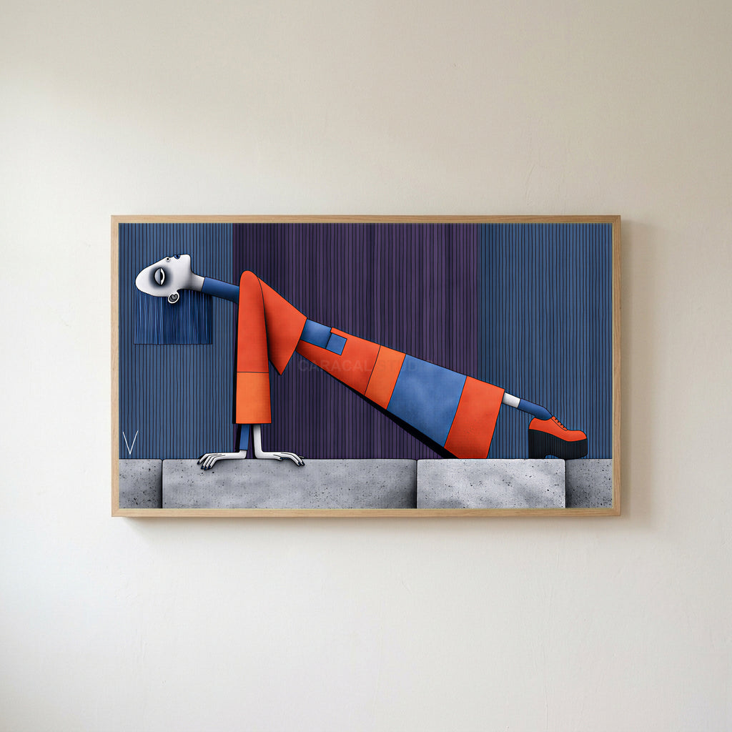Surreal leaning woman Frame TV art in an oak frame on a warm white wall