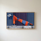 Surreal leaning woman Frame TV art in an oak frame on a warm white wall