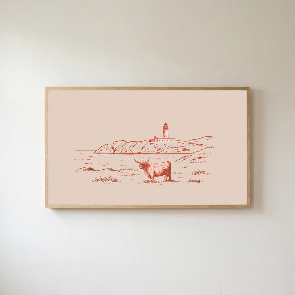 Highland cow lighthouse Frame TV art in an oak frame on a warm white wall