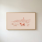 Highland cow lighthouse Frame TV art in an oak frame on a warm white wall
