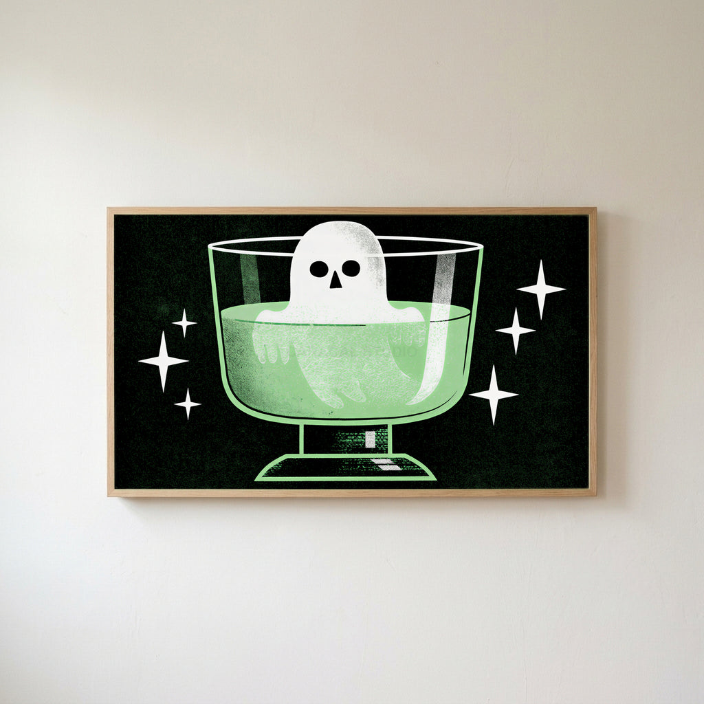 Ghost in a potion glass Frame TV art in an oak frame on a warm white wall
