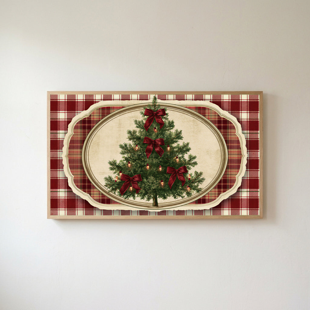 Vintage tree on plaid Frame TV art in an oak frame on a warm white wall