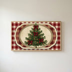 Vintage tree on plaid Frame TV art in an oak frame on a warm white wall