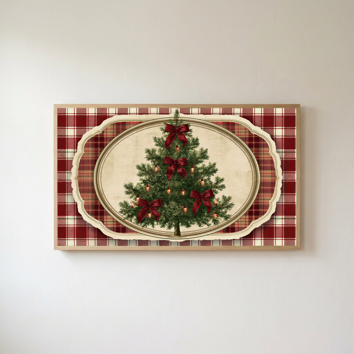 Vintage tree on plaid Frame TV art in an oak frame on a warm white wall