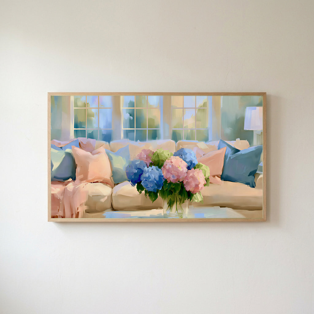 Pastel hydrangea bouquet Frame TV art in an oak frame on a warm white wall